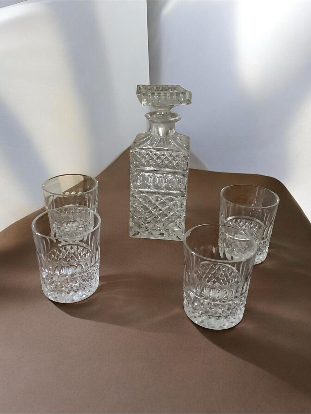 Vintage Clear Cut-Glass Decanter Set with Four old-fashioned glasses